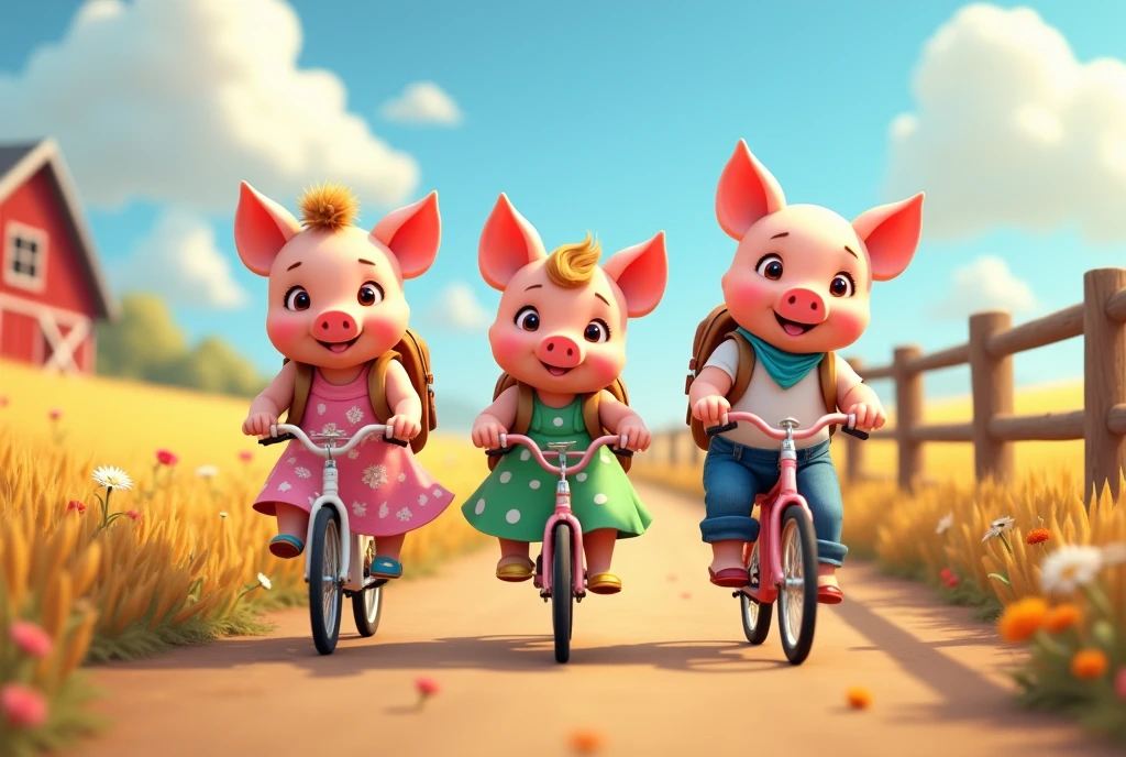 Charming countryside scene, pixar style, 3d, 3 very cute piglets wearing dresses riding bicycles carrying backpacks. on the left is one cute piglet wearing pink dress with white flowers carrying backpack, in the centre is a cute piglet wearing green dress with white polka dots carrying backpack, on the right is one cute piglet wearing white t-shirt blue jeans and a blue bandana carrying backpack, Winding dirt road through golden wheat fields. Wildflowers dotting roadside. Rustic wooden fence, distant red barn. Fluffy white clouds in blue sky. Girl's pigtails and dress fluttering in breeze. Warm sunlight, long shadows, game button art, Game illustration, lovely digital painting, artstation for kids art, Official artwork, key art, mobile game art, cover game art, zootopia concept art, (soft lighting:1.3), (green and earthy color scheme:1.3), (highly detailed), (ultra quality:1.3), (masterpiece), (digital art), 8K resolution, HDR, depth of field, (soft shadows), (photorealistic:1.3), (animation:1.2), (by Greg Rutkowski:0.9), (in the style of Alphonse Mucha), trending on ArtStation, award-winning art, 3d style

