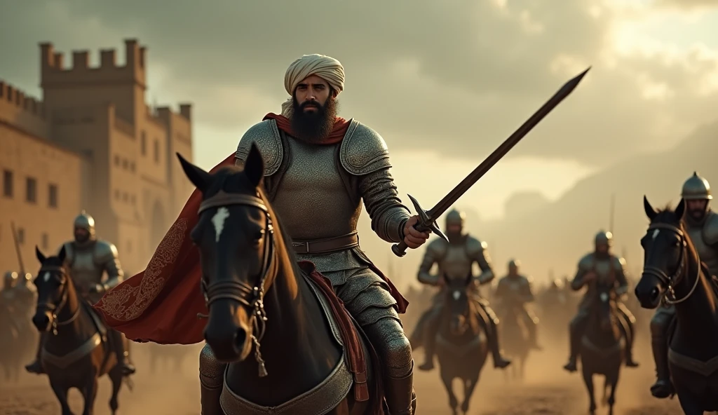 Thariq bin Ziyad, the Islamic warrior with a thin beard and a turban, leads his forces into battle at the city of Guadalete. He is dressed in full iron armor, his curved sword raised high as he charges forward with determination. The battlefield is chaotic, with dust rising and the clash of weapons filling the air. The background shows the ancient city walls of Guadalete under a stormy sky, capturing the intensity and epic scale of the battle. The scene is ultra-realistic with cinematic color grading, highlighting Thariq's fearless leadership
