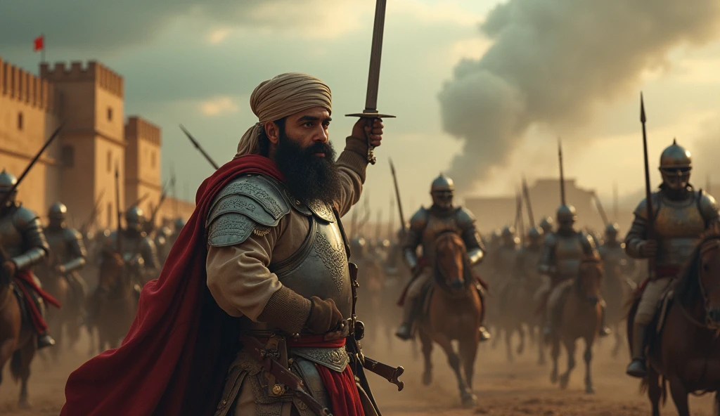 Thariq bin Ziyad, the Islamic warrior with a thin beard and a turban, leads his forces into battle at the city of Guadalete. He is dressed in full iron armor, his curved sword raised high as he charges forward with determination. The battlefield is chaotic, with dust rising and the clash of weapons filling the air. The background shows the ancient city walls of Guadalete under a stormy sky, capturing the intensity and epic scale of the battle. The scene is ultra-realistic with cinematic color grading, highlighting Thariq's fearless leadership