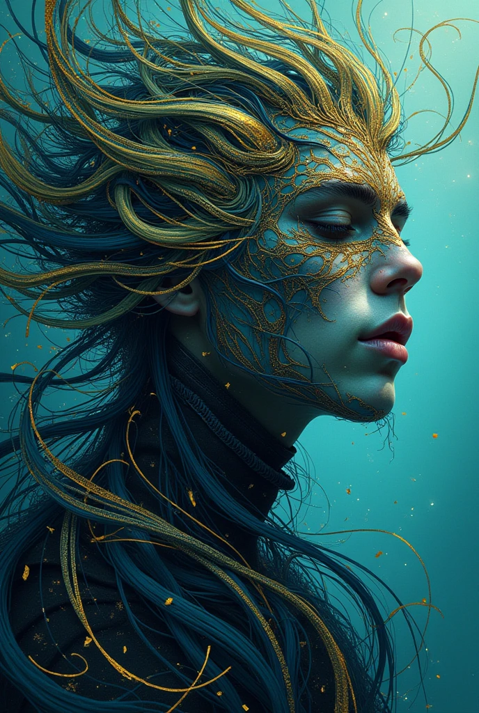 (Fantasy), Boris Valeggio, Greg Rutkowski, small lines, large lines, different scales, colors blue, blue, gold, turquoise, white, sea,