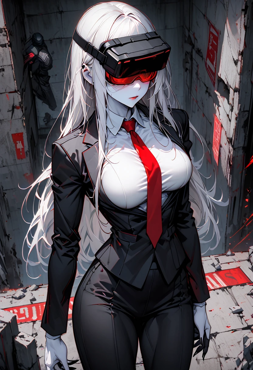 female, solo, long straight white hair, straight bangs, head-mounted display with red lens, large breasts, tiny waist, covered eyes, tight black business suit, white shirt, red necktie, muscular, bodyguard, slender, broad shoulders, 10m tall giantess, large hands, rough black nails, white skin, old concrete room, sign on wall