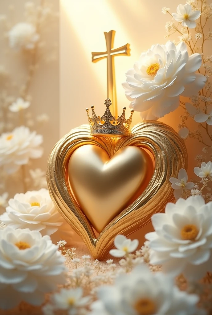 A 3D gold twisted heart with a glamorous crown in the corner of the heart., With white peony and gypsophila flowers in the background and a thin cross protruding from the side with space for a le