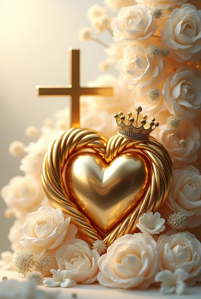 A 3D gold twisted heart with a glamorous crown in the corner of the heart., With white peony and gypsophila flowers in the background and a thin cross protruding from the side with space for a title