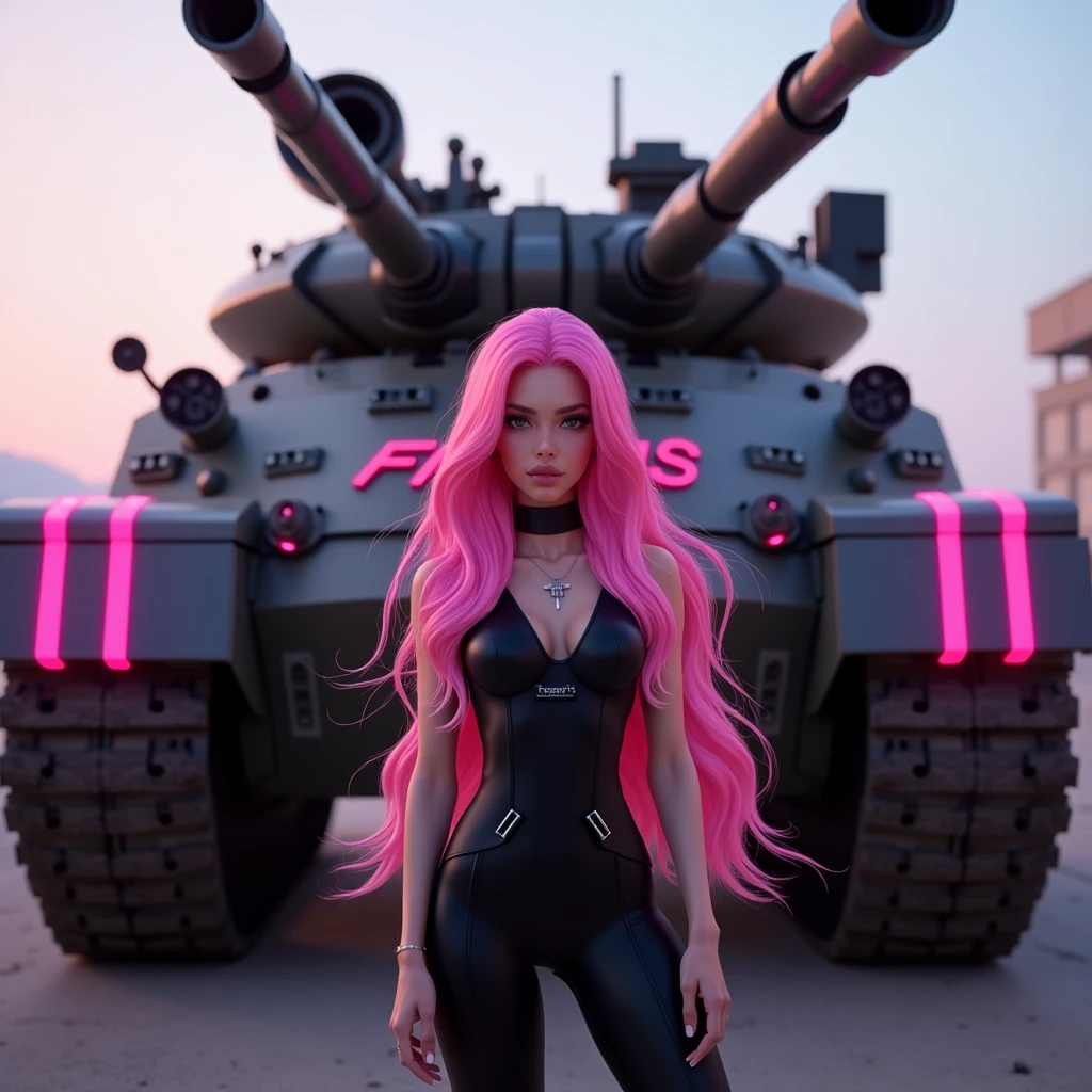 Creates the image of a woman with extraordinary beauty, She has long, bright pink, flowing hair, is standing in front of a battle tank with tracked wheels and some pink details, has dark eyes and a slightly fleshy mouth. She wears a long, tight-fitting black jumpsuit., the jumpsuit has a label with your name written “THAY” on the left chest. high resolution, ultra HD, 品質, high qualiy, High details, disney pixar model image. The tank has a neon sign that says “FMS”