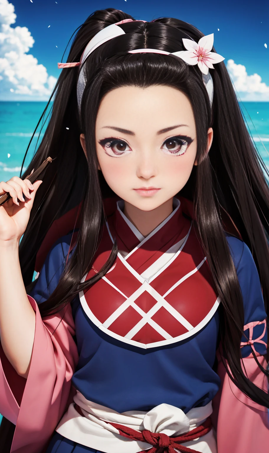 Nezuko&#39;s super thick breasts、very black hair, Brown eyes、8k, 4k, Of the highest quality, High resolution: 1.2),flicker、an exposed breast、cute anime face、pink blush on the cheeks.、noise removal,very close to the screen... (((her perfect body)))(((Completely naked from head to toe and with the vagina visible)))