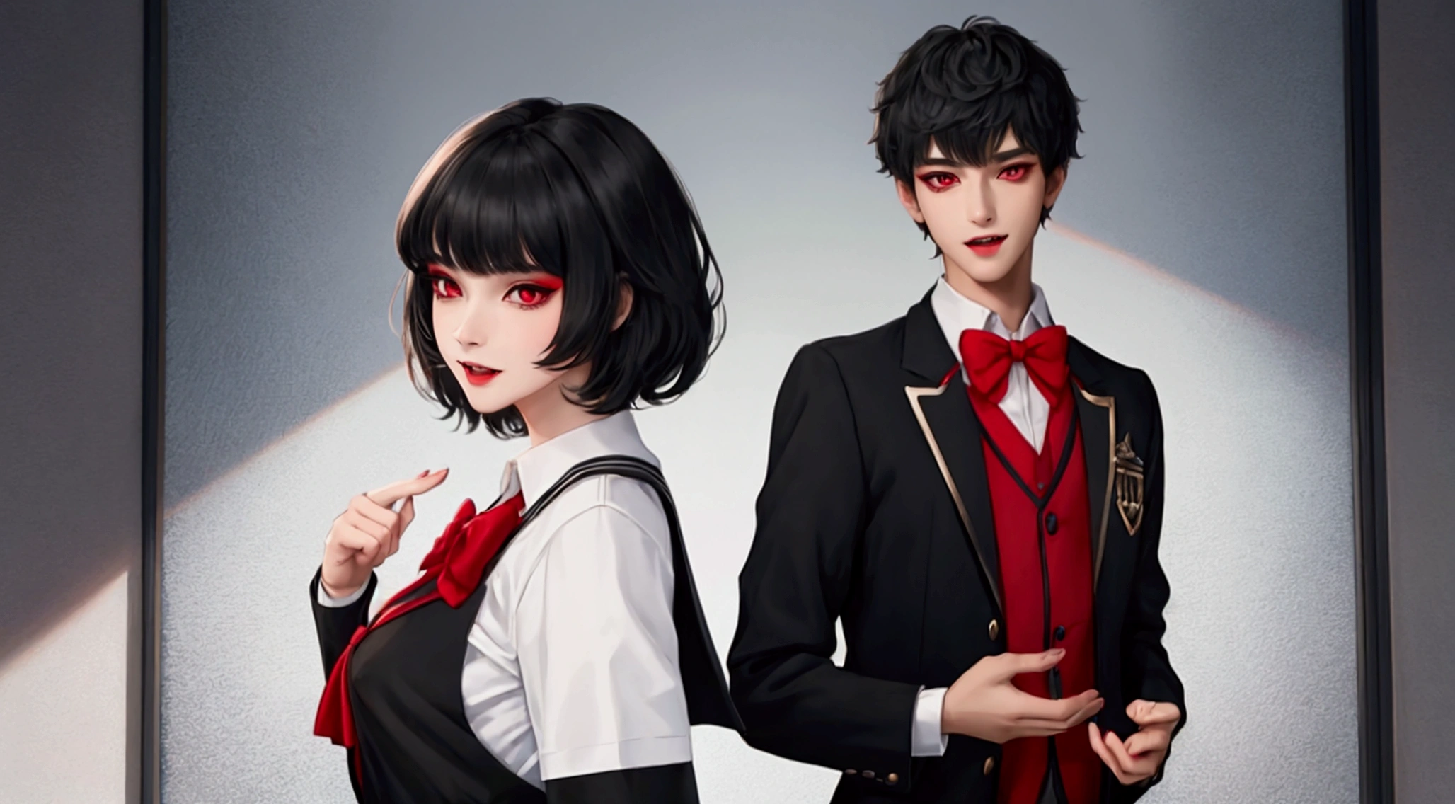 Feminine male, black wolfcut hair, school uniform, classroom back ground, handsome, snow white skin, red eyes, fangs