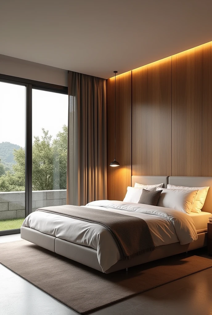 Contemporary youth bedroom ,cama box king, super realistic render vray , medium glass window , wide perspective , lateral view , matte floor , natural freijo wood headboard panel , luxury, Cinematic Soft Vray, built-in wardrobe , Northeast of Brazil , high quality rendering, render vray, Smooth, studio-quality rendering, vray 8k rendering, very realistic 3D rendering, render in vray, very realistic render