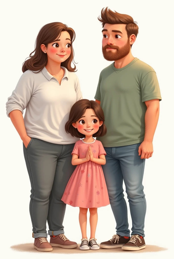 A 2D drawing of a brunette girl with short, loose hair wearing a pink dress and a transparent background and her family where her dad is chubby and brunette and her mom is skinny and brunette.