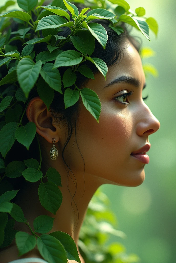 Green tops image in ear of beautiful indian lady