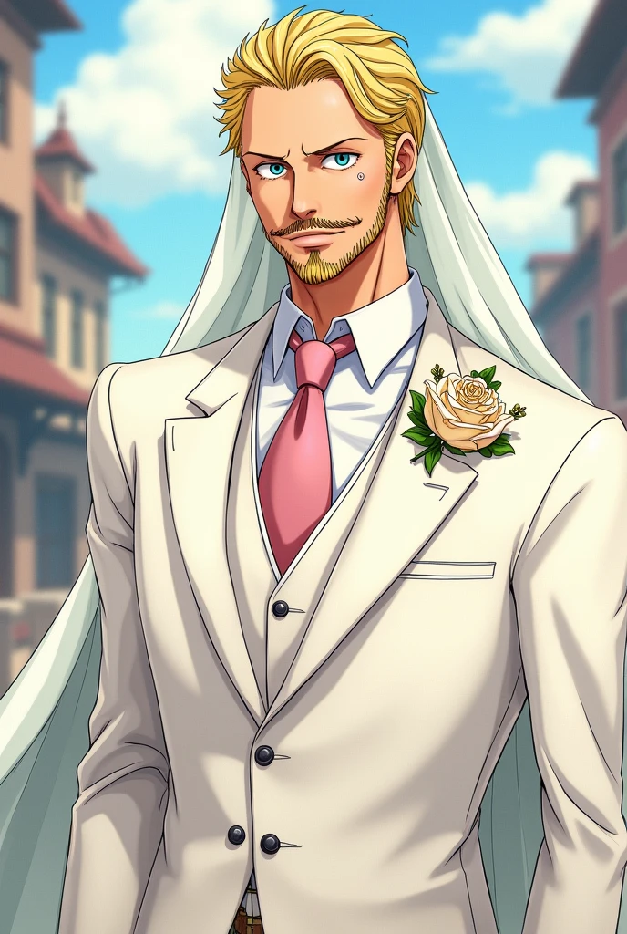 Create a One Piece character in Sanji fanart, a man with blue eyes, "blonde hair on the right side", his face with a beard and a little black mustache, with swirly eyebrows, Elegant white wedding suit and blushing with a curtain on her head. Animation by Toei Animation.