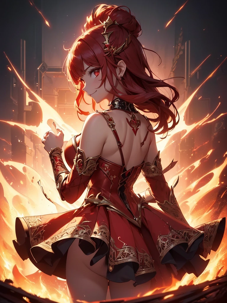(((best quality, sharp image, clear image, cinematic lighting, 8k resolution, masterpiece, ultra detailed, intricate))) Girl, sorcerer, cute, intricate dress, smiling, fiery red, ((intricate background)), (rune frame), dimension, ((shot from behind)), fire sigils, chaotic background, ((half-body shot))