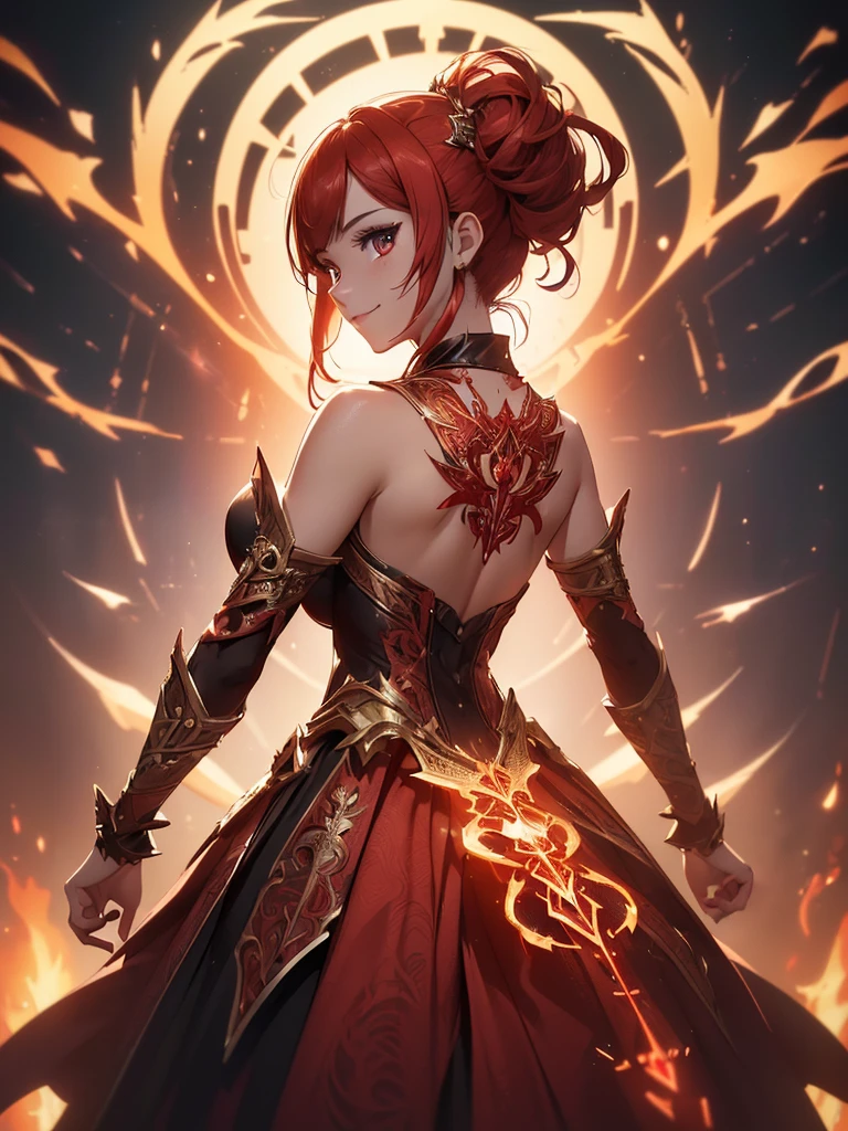 (((best quality, sharp image, clear image, cinematic lighting, 8k resolution, masterpiece, ultra detailed, intricate))) Girl, sorcerer, cute, intricate dress, smiling, fiery red, ((intricate background)), (rune frame), dimension, ((shot from behind)), fire sigils, chaotic background, ((half-body shot))