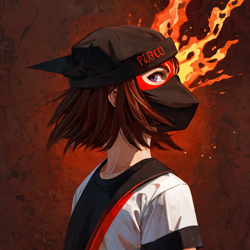 Create a profile picture of a human free fire player with the following descriptions: black cap with an orange F drawn on it, chestnut hair, precise, Textured skin, purples eyes, a black fabric mask with fire drawn on it, team shirt with number 10 written in white , the shirt is all red with white details, mask, minimalism, abstrato, illustration, artistic,