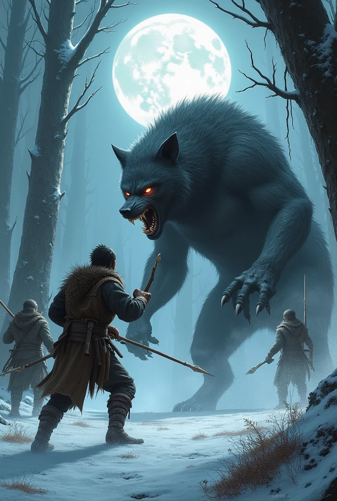a dark creature, a mix of a wolf and a hyena, attacking a group of hunters, who used spears to defend themselves, the moon was full and reflected on the snow-covered ground