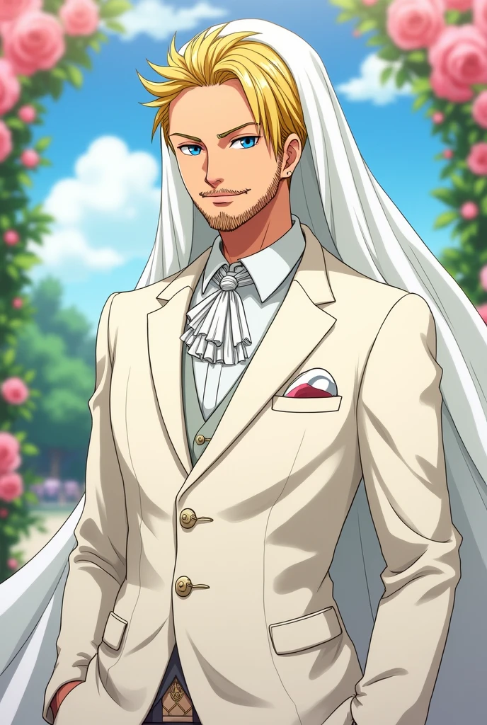 Create a One Piece character in Sanji fanart, a man with blue eyes, "blonde hair on the right side", his face with a beard and a little black mustache, with swirly eyebrows, Elegant white wedding suit and blushing with a curtain on her head. Animation by Toei Animation. 