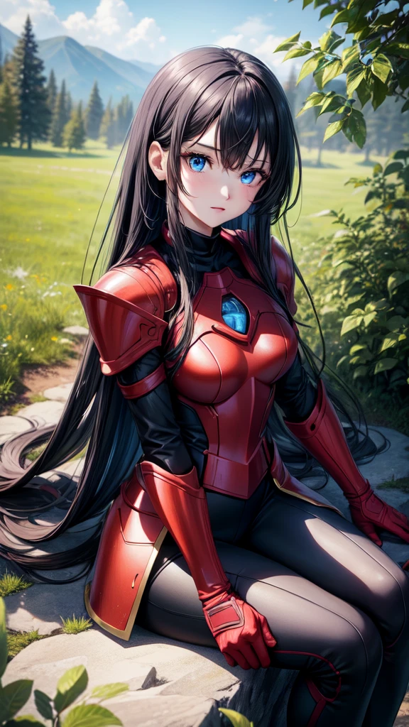 アニメ,{red full body armor 1.6 detailed},  1 girl, {face perfect}, {long black hair}, {blue colored eyes}, {asymmetrical eyes}, {perfect nose}, {red lips}, {full body 5.0}, {sitting on a rock in a forest}
{8k image}, {128k ultra resolution}, {ultra quality 128k}, {128k high quality sharpness}