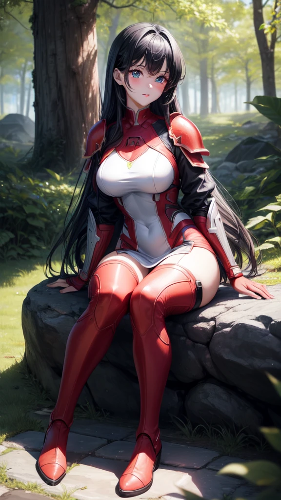 アニメ,{red full body armor 1.6 detailed}, 1 girl, {face perfect}, {long black hair}, {blue colored eyes}, {asymmetrical eyes}, {perfect nose}, {red lips}, {full body 5.0}, {sitting on a rock in a forest}
{8k image}, {128k ultra resolution}, {ultra quality 128k}, {128k high quality sharpness}