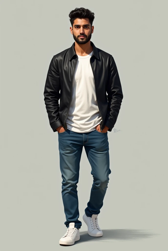 I want to recreate a photo of myself I am 3. I am male. My hair is black and dark brown eyes. My features are a little Indian but not so marked.. I have very short hair and wear a beard. For clothes I would like blue jeans, White T-shirt, black leather jacket and white tennis shoes