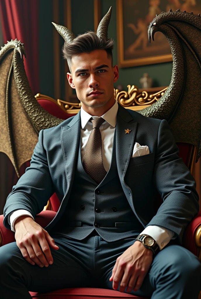 Strongman, hero, Dragon wing, Dragon horn, luxury suit, young man, sit down
