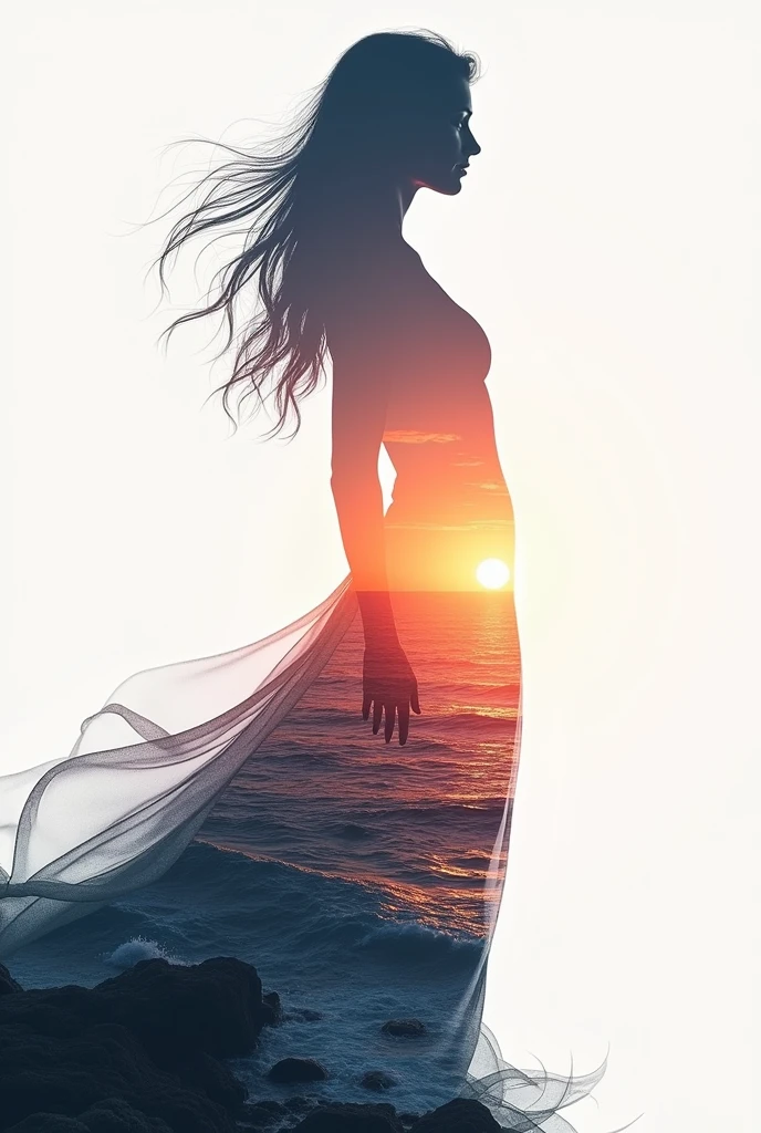 high quality, 8K Ultra HD, A beautiful double exposure that combines an goddess silhouette with sunset coast, sunset coast should serve as the underlying backdrop, with its details incorporated into the goddess , crisp lines, The background is monochrome, sharp focus, double exposure, by yukisakura, awesome full color,