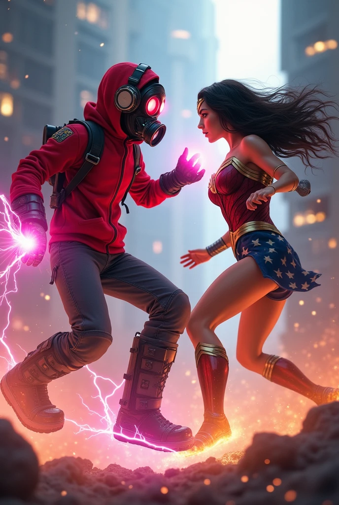 Young Kid with red hoodie, headphones, star-lord helmet, gas helmet, covered mouth, round red eyes, Red eyes, rocket boots, Vs, wonder woman, big breasts, Fighting, power, fiction, full body, fire in boots, poweful spells, realistic, 2 person, flying, pink flames.