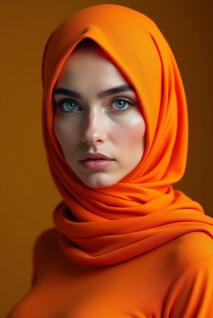 Orange hijab girl with very bright face and beutiful eyes with blue colour and long eye liner and big breast size 