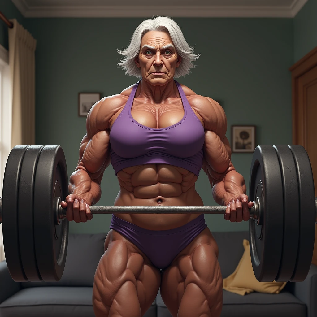 An elderly female bodybuilder with short white shoulder length hair, displaying even larger and more exaggerated muscles, carrying heavy weights, with the veins standing out clearly on his skin. Wear purple fitness clothes, highlighting his impressive strength and muscle definition. background, the living room of a house is located, adding a homely touch to the contrast with its powerful presence.