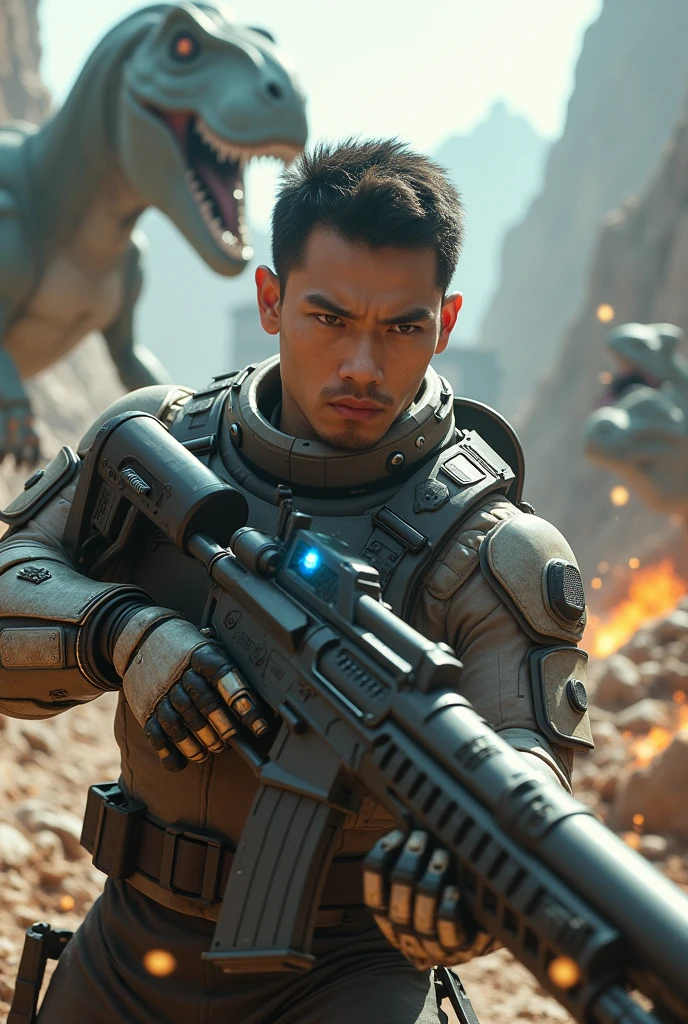 An asian giant muscular young man with attached robotic hand  machine gun with one blue Robot eye and background of giant robots , aliens and dinosaurs fighting 