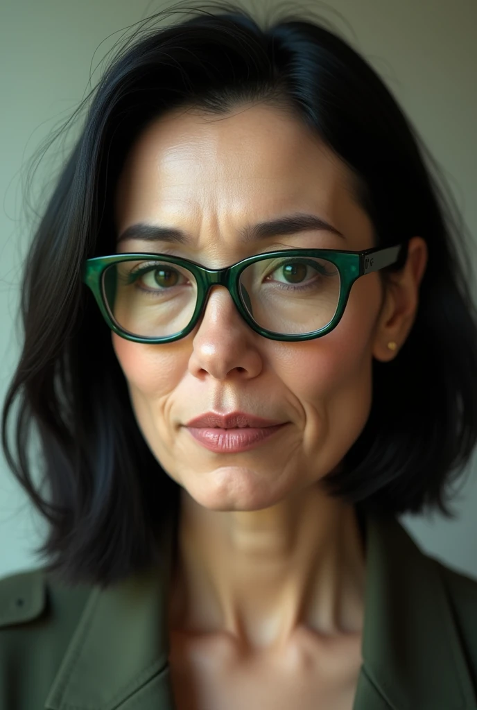 A woman in her fifties without wrinkles, with a fairly large forehead, with thin eyebrows, with medium-sized black eyes, with a medium-sized potato nose, with medium-sized black hair, With a medium mouth, with very dark green glasses, quite square and Quite fleshy