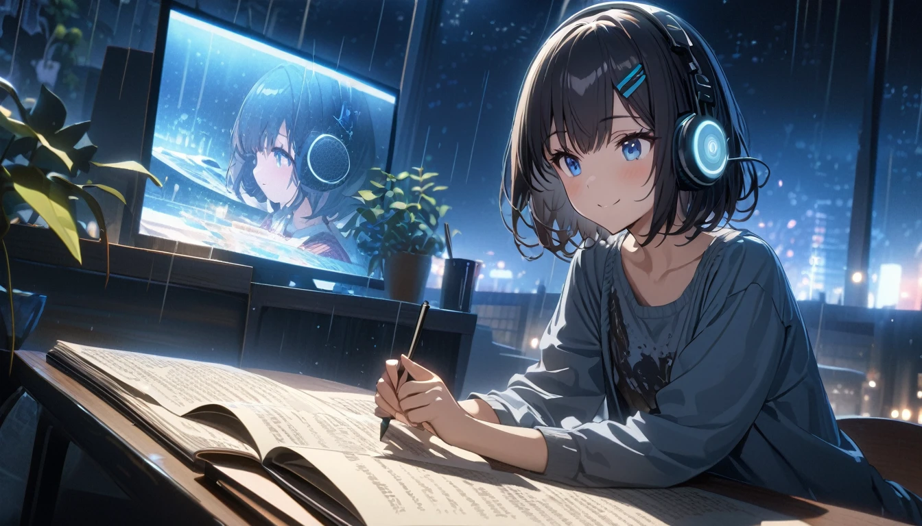 one girl, black short hair and bob hair, I tied my hair in a bun with a hair clip..、smile、beautiful blue eyes, gentle smile on her face、flat chest, one Beautiful girl,((masterpiece, illustration, best quality) ((ultra-detailed)),rainy night, a girl studying while listening to music with headphones, the night view is very beautiful with beautiful candle on her table. there are plants in the background, a beautiful night view with books and plants in the background with coffee on the desk,, 濃い青とBeautiful Blueのグラデーション, High resolution, 8K HD detail, hyper-detail, cinematic, surrealism, soft light, deep field focus bokeh, ray tracing and surrealism. --v6