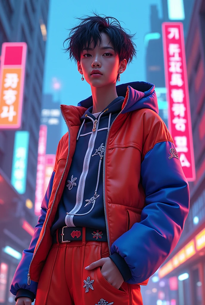 Create an image of a person with outfits inspired by the song chk chk boom by the South Korean band Stray kids 