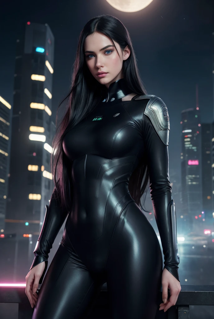 masterpiece, highest quality, (solo focus), (perfect face:1.1), (high detail:1.1),dramatic, 1guy, (pale skin), long black hair, blue eyes, solo, long hair, moon, night, pink suit covered , covered navel, pouty lips, covered, futuristic city, detailed background, art by artgerm and greg rutkowski,  cinematic lighting,