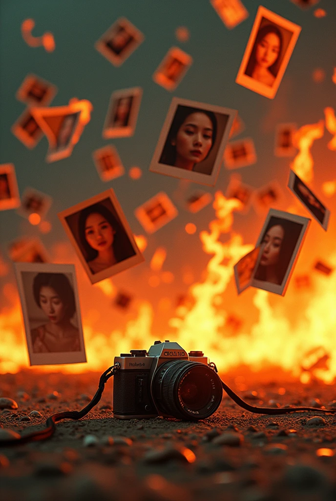 Generates an image of photographs falling to the ground while on fire with a camera lying on the ground, that in the photographs you can see a blurred man with Asian features