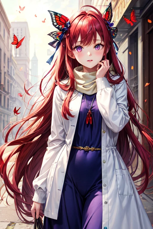 Cold girl, wearing vintage dress, red butterflies, very long red hair, purple eyes, One Piece girl