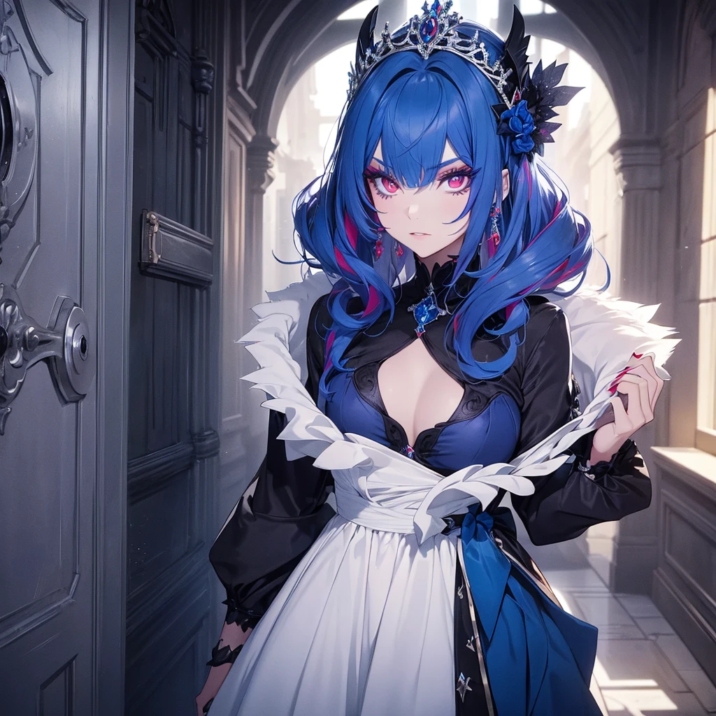 Princess in the castle hallway , princess opening the door , The princess has intense red eyes that contrast intriguingly with the blue makeup she wears., creating a penetrating and expressive look. Blue makeup envelops your eyes, further highlighting its vibrant color and giving an air of mystery and sophistication. Furthermore, a touch of yellow in the inner corners of the eyes adds a bold and unexpected detail, further enhancing your unique beauty and the intensity of your gaze. This color combination reflects your strong and striking personality., mixing elements of delicacy with a rebellious touch.