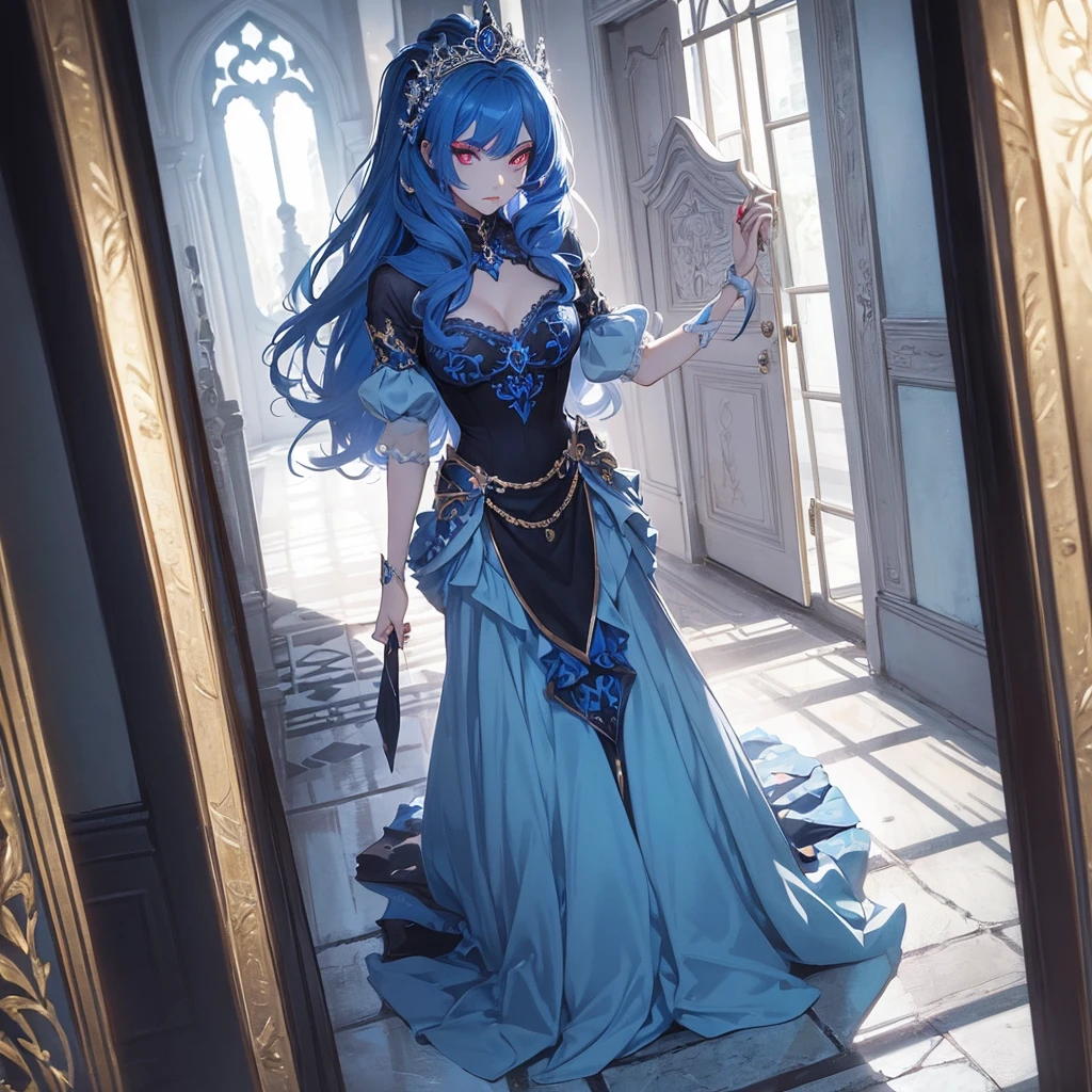 Princess in the castle hallway , princess opening the door ,  The princess has intense red eyes that contrast intriguingly with the blue makeup she wears., creating a penetrating and expressive look. Blue makeup envelops your eyes, further highlighting its vibrant color and giving an air of mystery and sophistication. Furthermore, a touch of yellow in the inner corners of the eyes adds a bold and unexpected detail, further enhancing your unique beauty and the intensity of your gaze. This color combination reflects your strong and striking personality., mixing elements of delicacy with a rebellious touch.