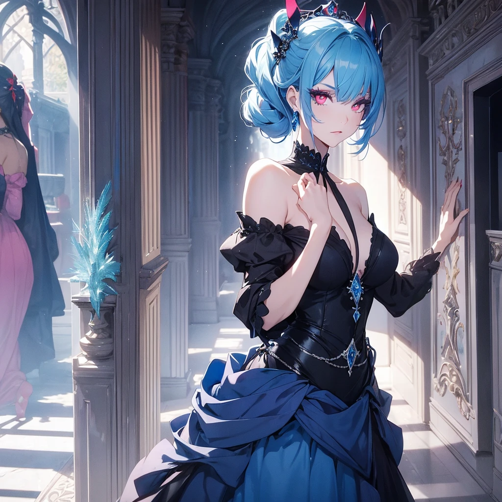 Princess in the castle hallway , princess opening the door , The princess has intense red eyes that contrast intriguingly with the blue makeup she wears., creating a penetrating and expressive look. Blue makeup envelops your eyes, further highlighting its vibrant color and giving an air of mystery and sophistication. Furthermore, a touch of yellow in the inner corners of the eyes adds a bold and unexpected detail, further enhancing your unique beauty and the intensity of your gaze. This color combination reflects your strong and striking personality., mixing elements of delicacy with a rebellious touch.