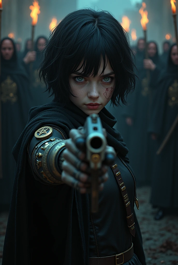 Pale girl with short black hair, From the Middle Ages, realisitic, blue colored eyes, dark clothes with detailed steampunk robotic arm prosthesis, holding a flintlock pistol with a pentagram symbol, cut on the face, the night, in the background an angry religious group with fire behind