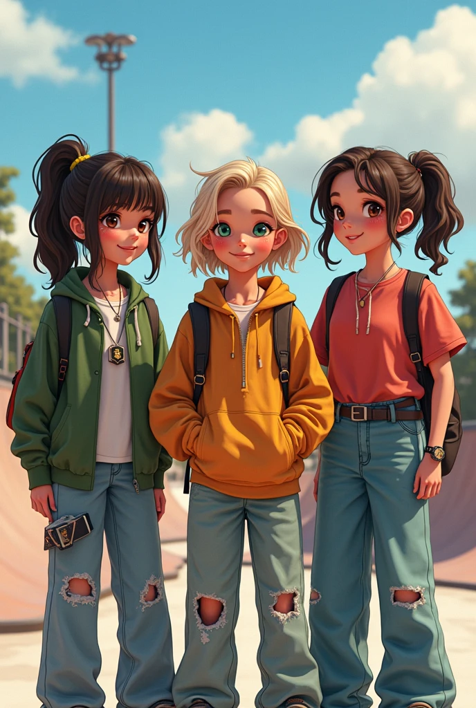 A Russian/Canadian Girl (mostly Canadian) with dark brown eyes, medium dark Brown hair in a ponytail, and baggy style at the skate park with her 2 friends. One friend is American/Polish with Straight short blond hair, kinda dark Green eyes, pink Coquette/ Soft Pink Style. And one of the other friends who is Italian/American (mostly American) with medium-long dark brown hair, dark brown eyes, and a baggy style (they are all 12yrs old)