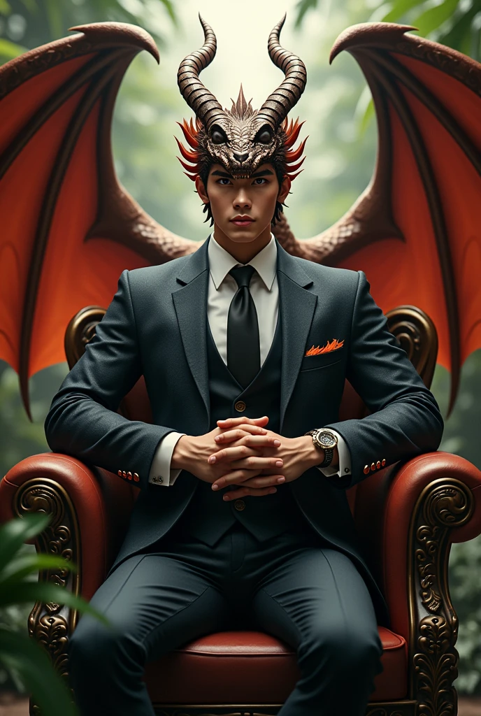 Strongman, hero, Dragon wing, Dragon horn, luxury suit, young man, sit down, Indonesia man