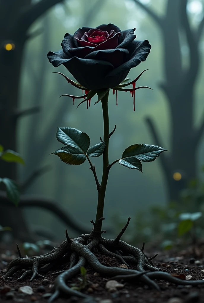 A black rose, on the rascal are mitalic thorns on it that have blood on their tips and thick roots as bene.
In a fierce forest,where in the background trees have eyes that glow yellow