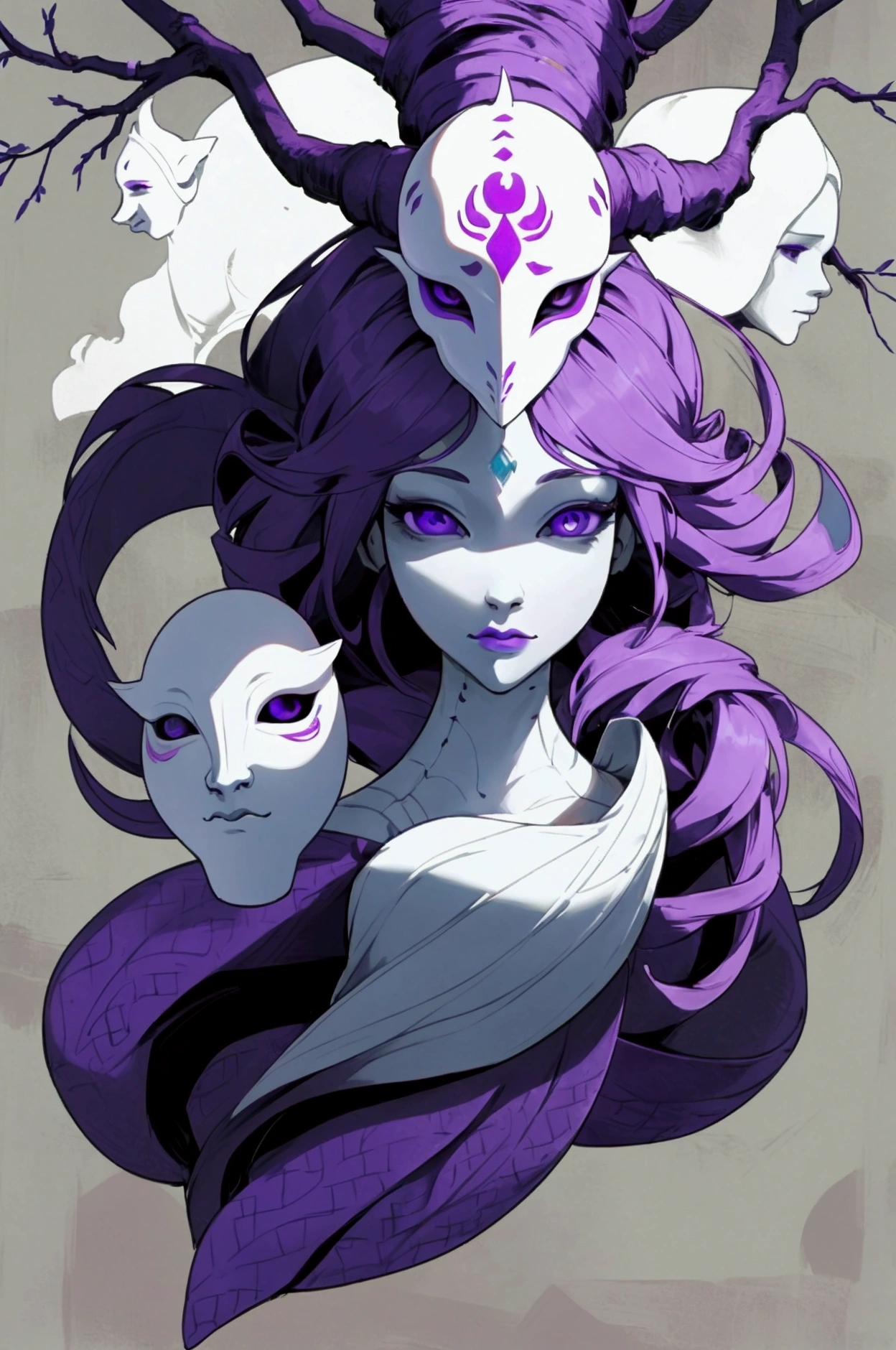 A humanoid creature with a white stone mask on its face. The rest of this creature's body is purple. Her entire body is made of branches, and she is female. The character is seen in full view, with patterns all over her body. DND style art, Full body