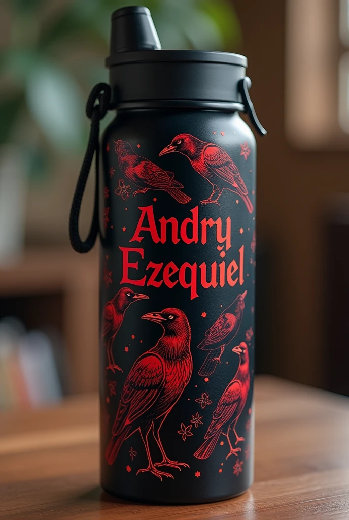 Create a personalized thermos with a black design and that has the name Andryezequiel and drawings of red and black crows. And the name that looks classic, that shows the name Andry among the crows.