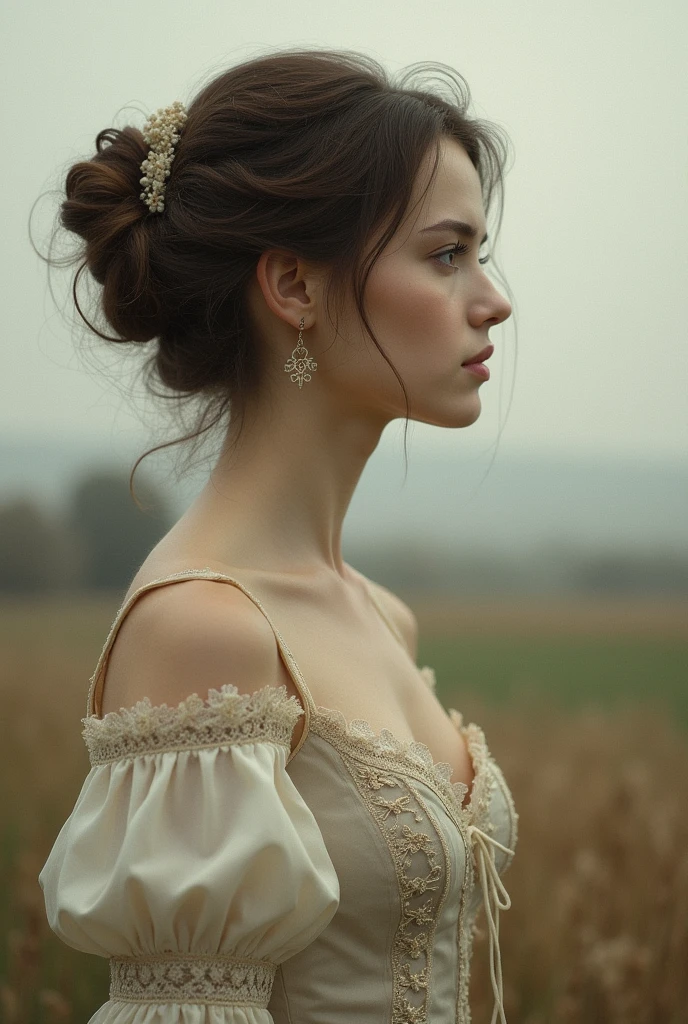 woman looking to the right at the horizon in an old-fashioned dress, half body without bottom