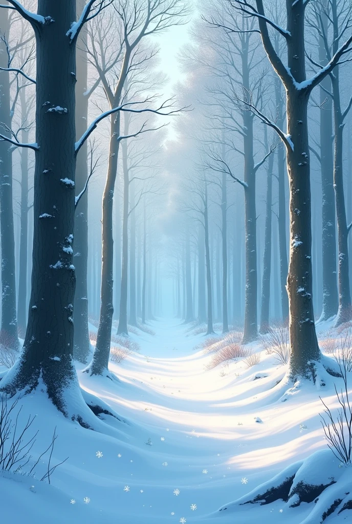 Create a scenario in the forest, com neve, inspired by the classic Disney animation Snow White, no people or animals in the scene, only the forest 
