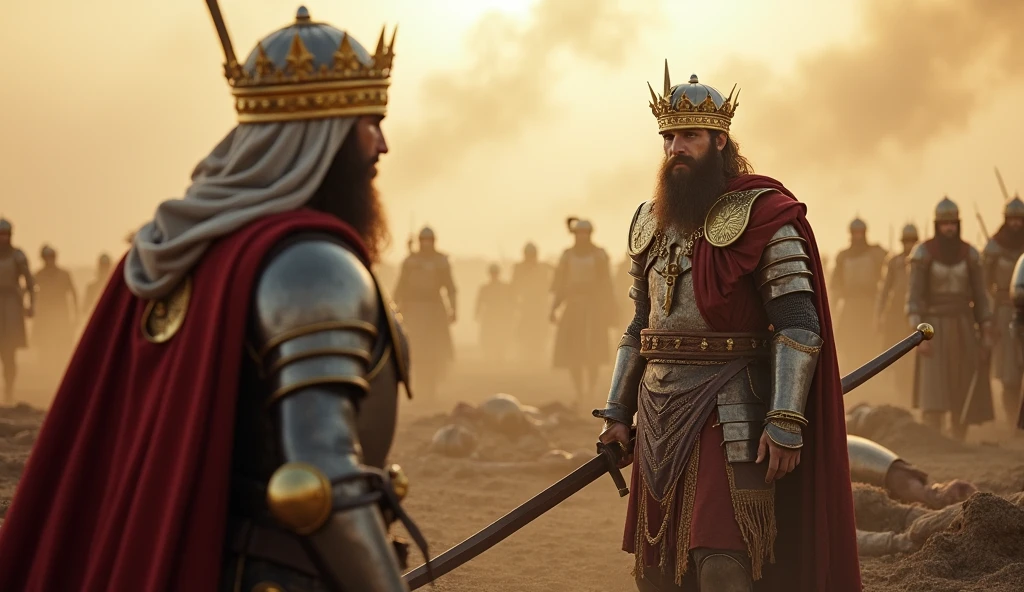 King Roderick, dressed in traditional royal armor with a golden crown on his head, stands on the battlefield of Guadalete, surrounded by the chaos of war. His face is filled with a mix of fear and defiance as he watches Thariq bin Ziyad, the Islamic warrior wearing a turban and full iron armor, approaching with his curved sword drawn. The background depicts the smoke and dust of battle, with fallen soldiers and the remnants of a fierce fight. The scene is captured in a cinematic, ultra-realistic style, emphasizing the tension and inevitability of Roderick's fate.
