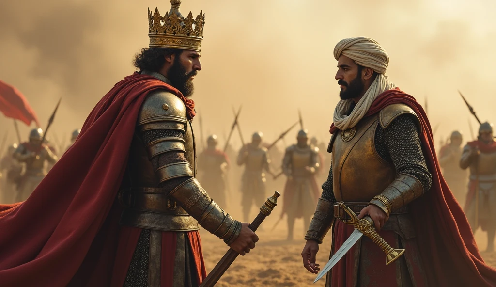 King Roderick, dressed in traditional royal armor with a golden crown on his head, stands on the battlefield of Guadalete, surrounded by the chaos of war. His face is filled with a mix of fear and defiance as he watches Thariq bin Ziyad, the Islamic warrior wearing a turban and full iron armor, approaching with his curved sword drawn. The background depicts the smoke and dust of battle, with fallen soldiers and the remnants of a fierce fight. The scene is captured in a cinematic, ultra-realistic style, emphasizing the tension and inevitability of Roderick's fate.