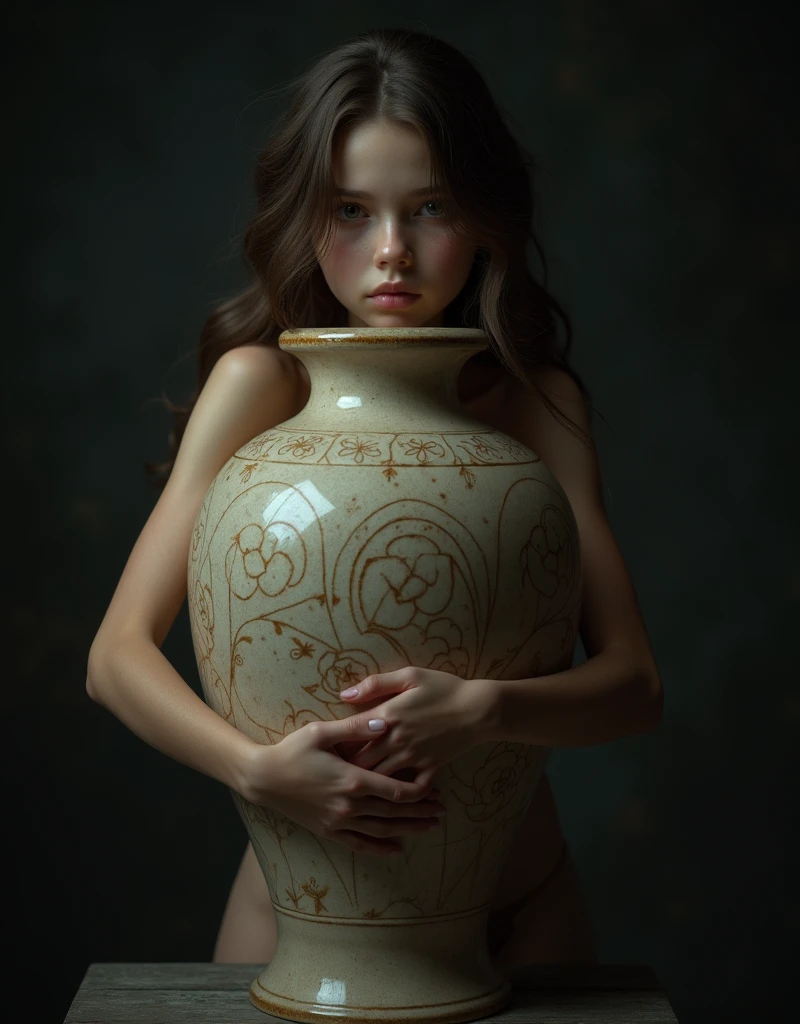 a beautiful young girl embracing a large, beautiful vase, exquisite fingers, nipples and genitals completely hidden behind the vase, conceptart, (best quality,4k,8k,highres,masterpiece:1.2),ultra-detailed,(realistic,photorealistic,photo-realistic:1.37),dark moody lighting,cinematic composition,dramatic chiaroscuro,muted color palette,highly detailed female form,elegant flowing pose,delicate feminine features,vulnerable expression,tactile ceramic texture,intricate decorative vase,dramatic lighting and shadows,atmospheric environment,ethereal mood,thoughtful contemplative character