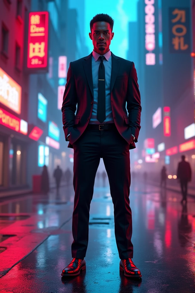 A hyna standing opposite to public wearing corporate costume in neon city in red and blue light 
