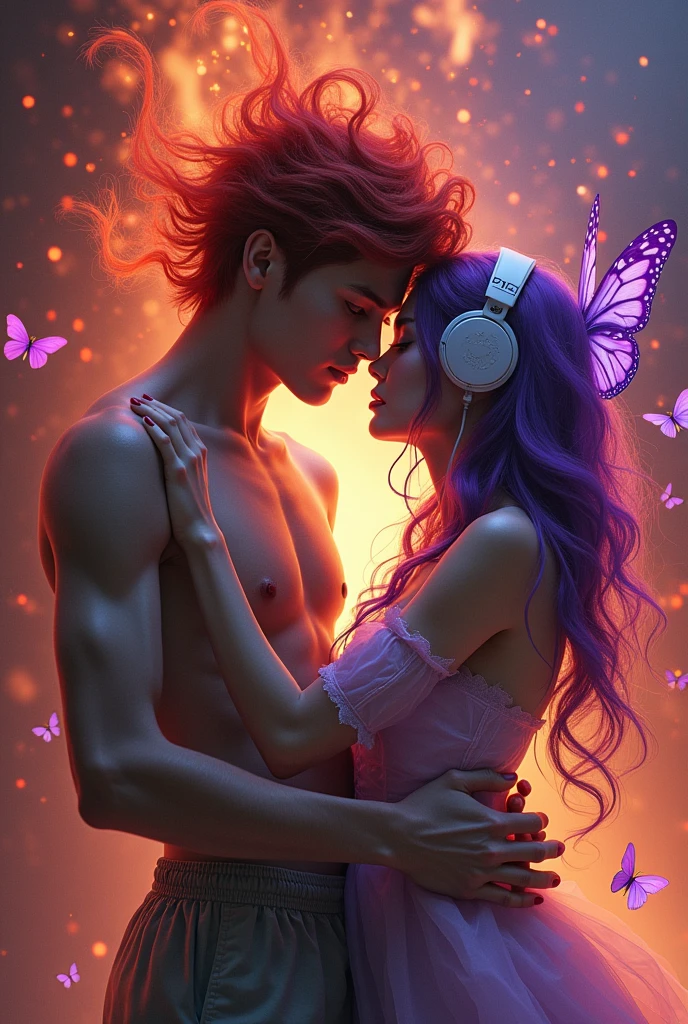 Korean purple haired butterfly woman with headphones and transparent clothes and hell boy demon boyfriend all on fire handsome young boyfriend Korean woman Korean purple haired butterfly woman with headphones and hell boy name instead of flames but she protected by butterflies and seeing the picture of a handsome man in shiny transparent white clothes